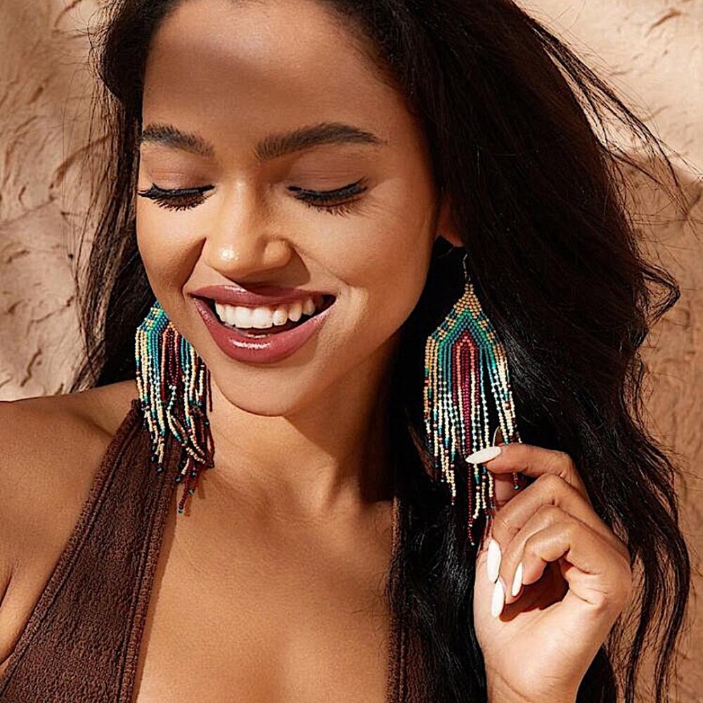 Bohemian Beaded Dangle Tassel Earrings, Tribal Design, Western, Boho, Fr… - Picture 3 of 5